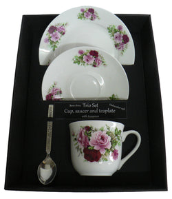 Pink Rose trio set. cup & saucer with teaspoon and matching tea plate gift boxed