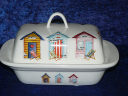 Beach Huts colourful porcelain traditional deep white butter dish