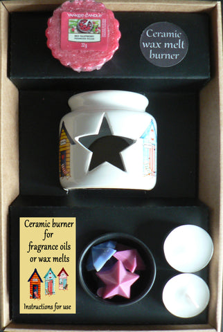 Beach hut oil burner gift set with shaped melts, tealights, & 1 x yankee wax melt