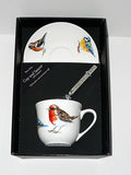 Birds - Garden Birds teacup and saucer set.  Bone china cup and saucer gift boxed with spoon
