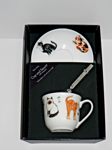 Cats and kittens cup and saucer set.  Bone china cup and saucer gift boxed with spoon