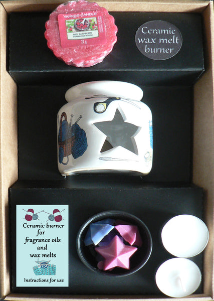 Knitting oil burner gift set with shaped melts 2 x  tealights,1 x yankee wax melt