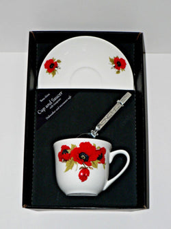 Poppy teacup and saucer set.  Bone china cup and saucer gift boxed with spoon