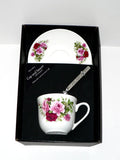 Pink rose teacup and saucer set.  Bone china cup and saucer gift boxed with spoon